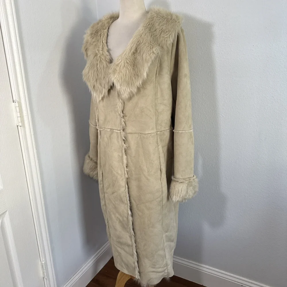 Luxe Penny Lane Trench Coat Women XL Faux Suede Fur Mobwife Glam Afghan‎ Y2K 90s